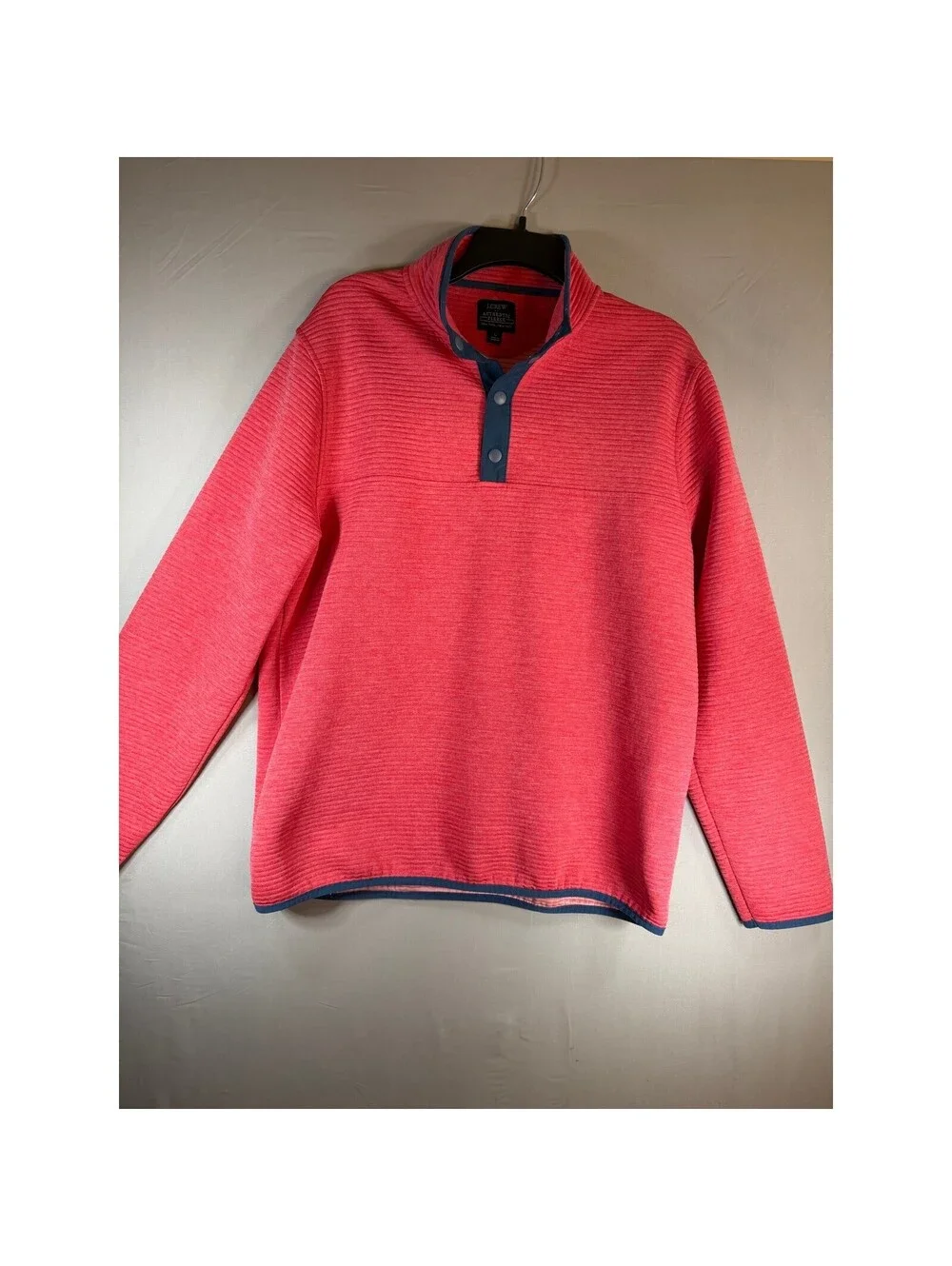 J.Crew Mens Authentic Fleece Ribbed Snap Mock Neck Pullover Pink Blue Trim Large